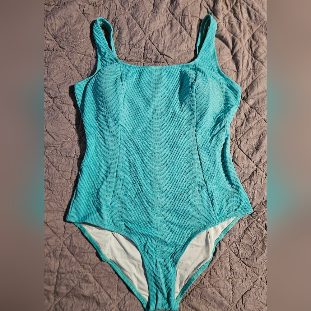 New Cupshe XL Textured Teal One Piece Swimsuit | Ruched Open Back